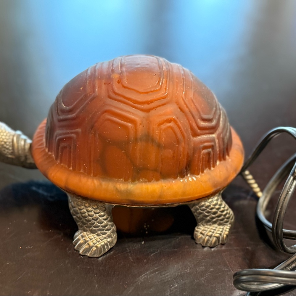Turtle Shaped Reptile Heat Lamp - Brown glass shell brass finish metal